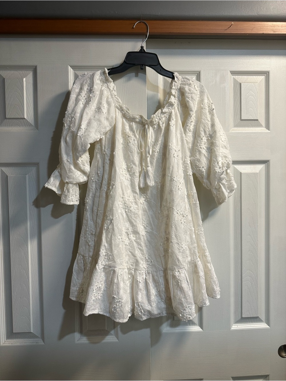 Tularosa Cream Eyelet Lace Mini Dress with Tassel Tie